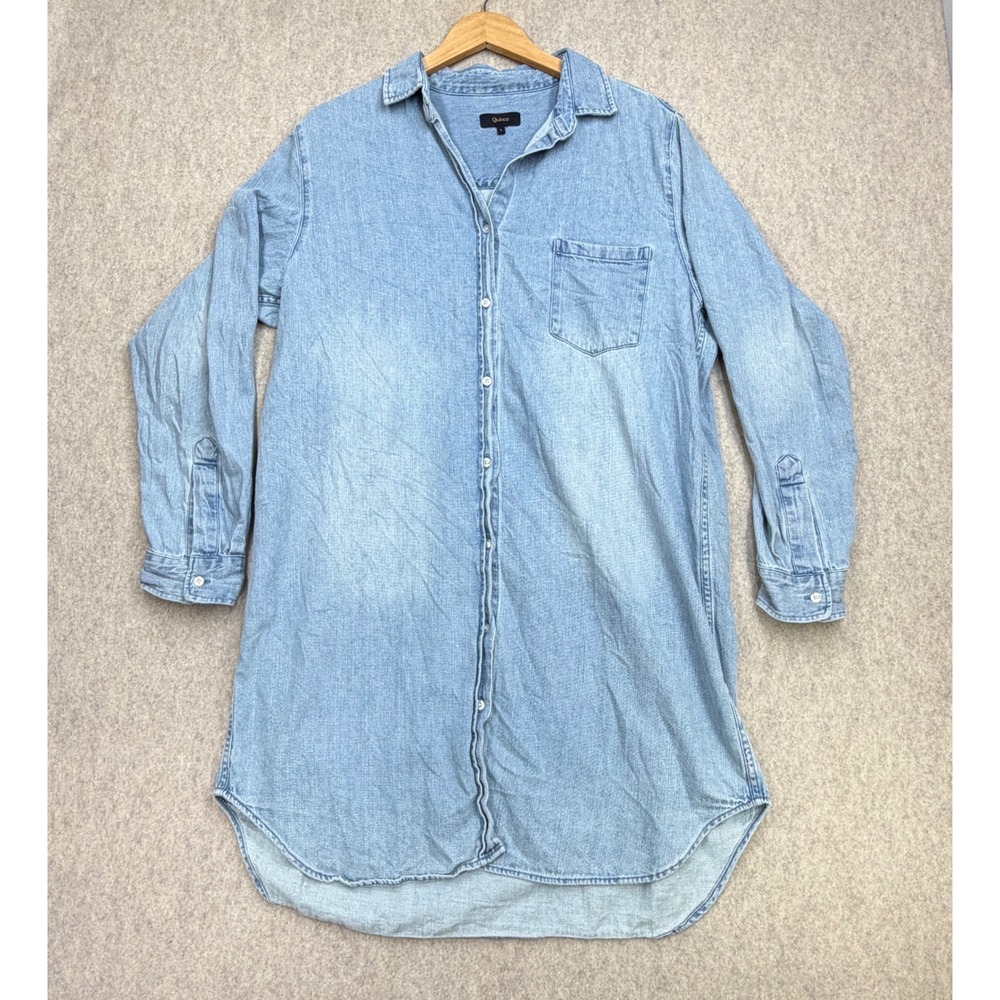 Quince Denim Shirt Dress Women L Light Wash Coastal Minimalist Preppy Western